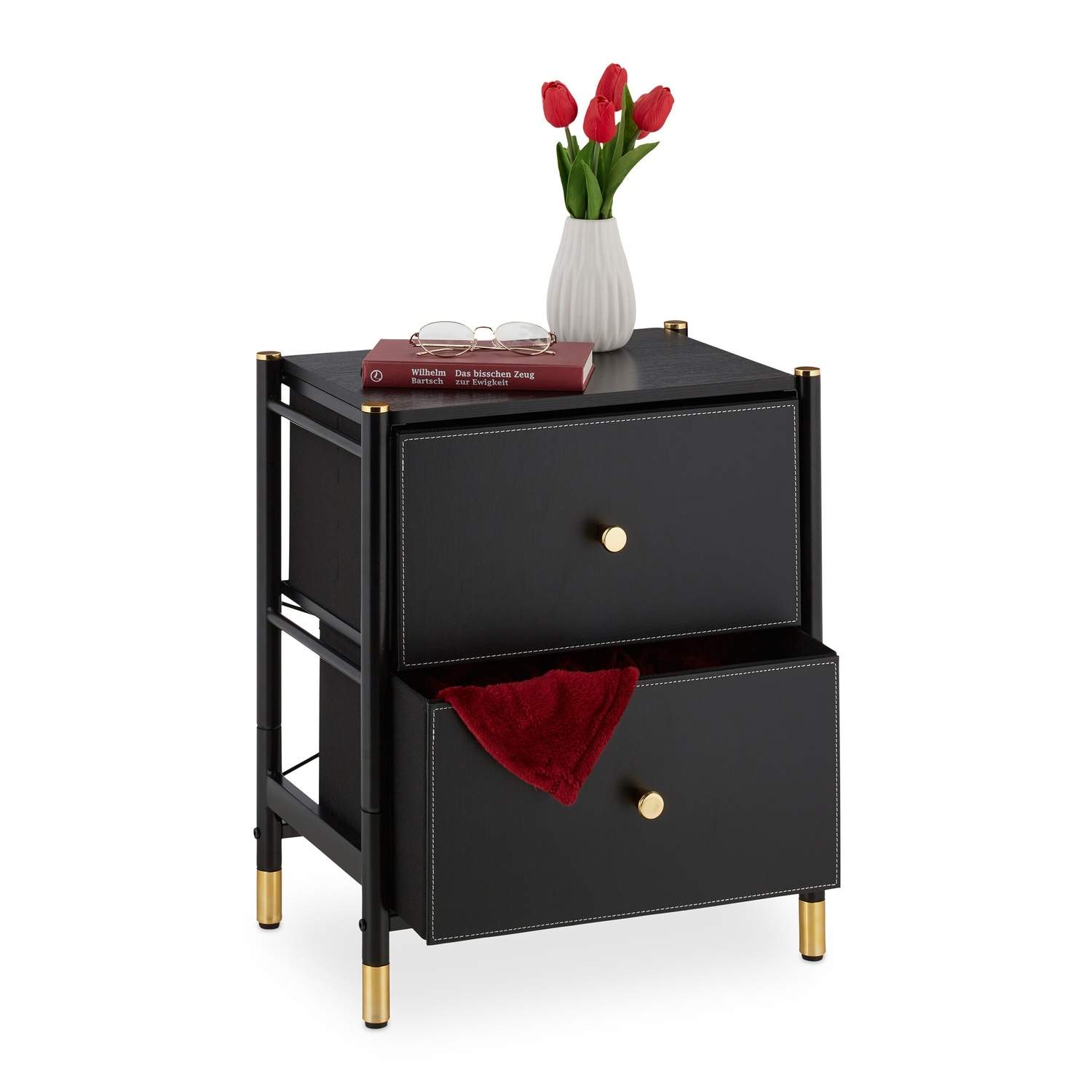 Sort sideskab med 2 læder-look skuffer