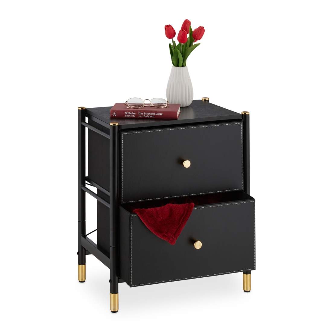 Svart sidoskåp med 2 lådor i läderlook | Hem & Hobby | Pryloteket