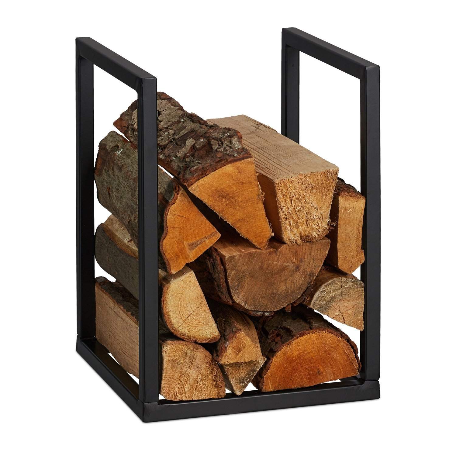 Brændestativ i sort metal – kompakt logopbevaringsløsning