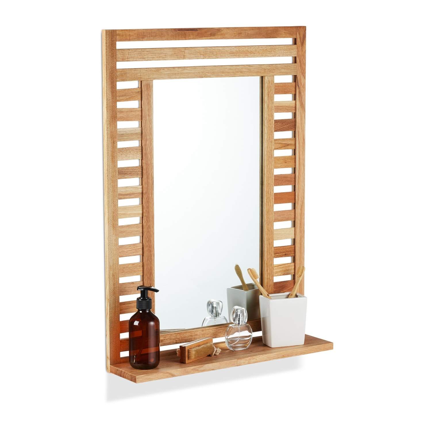 Badeværelsesspejl med hylde – naturligt valnøddetræ