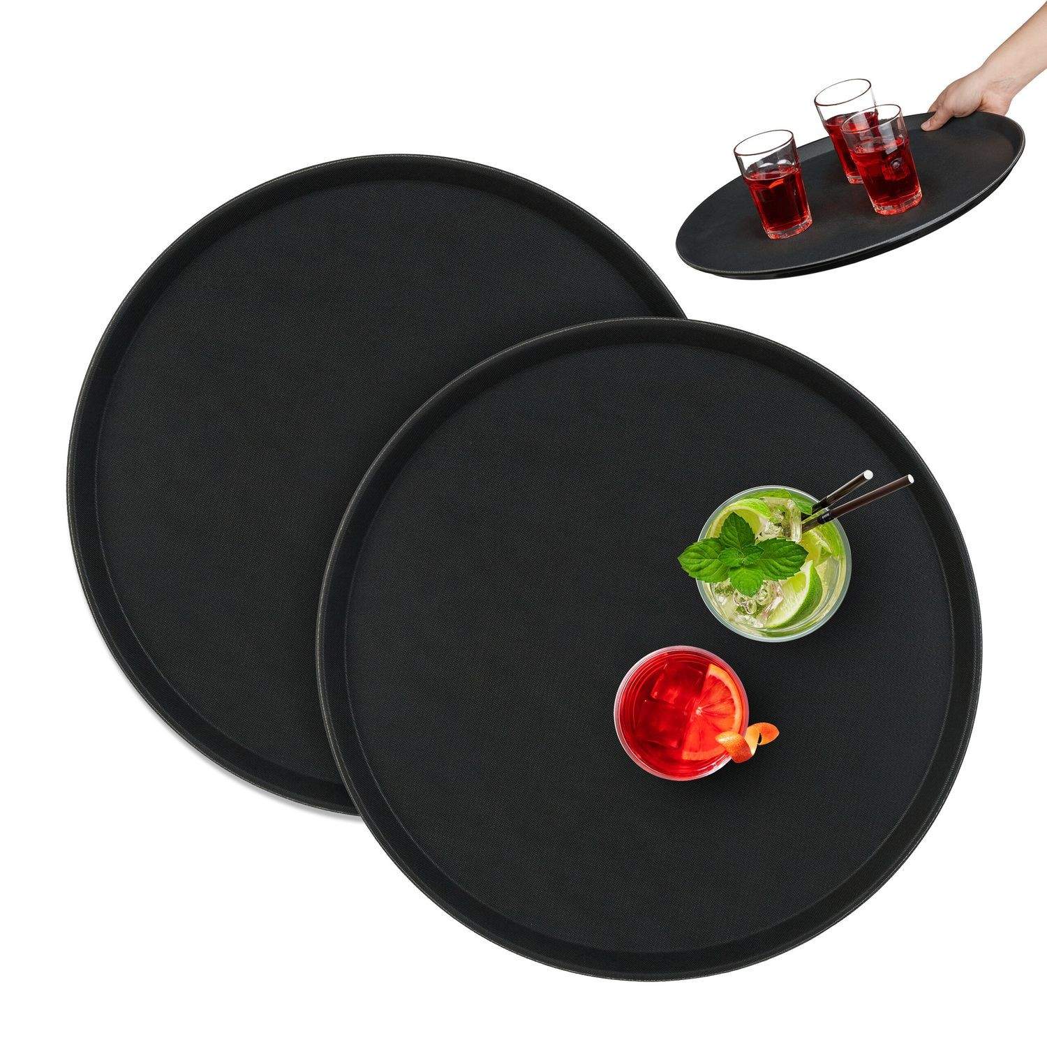 Store sorte runde serveringsbakker – Sæt med 2, Ø45 cm