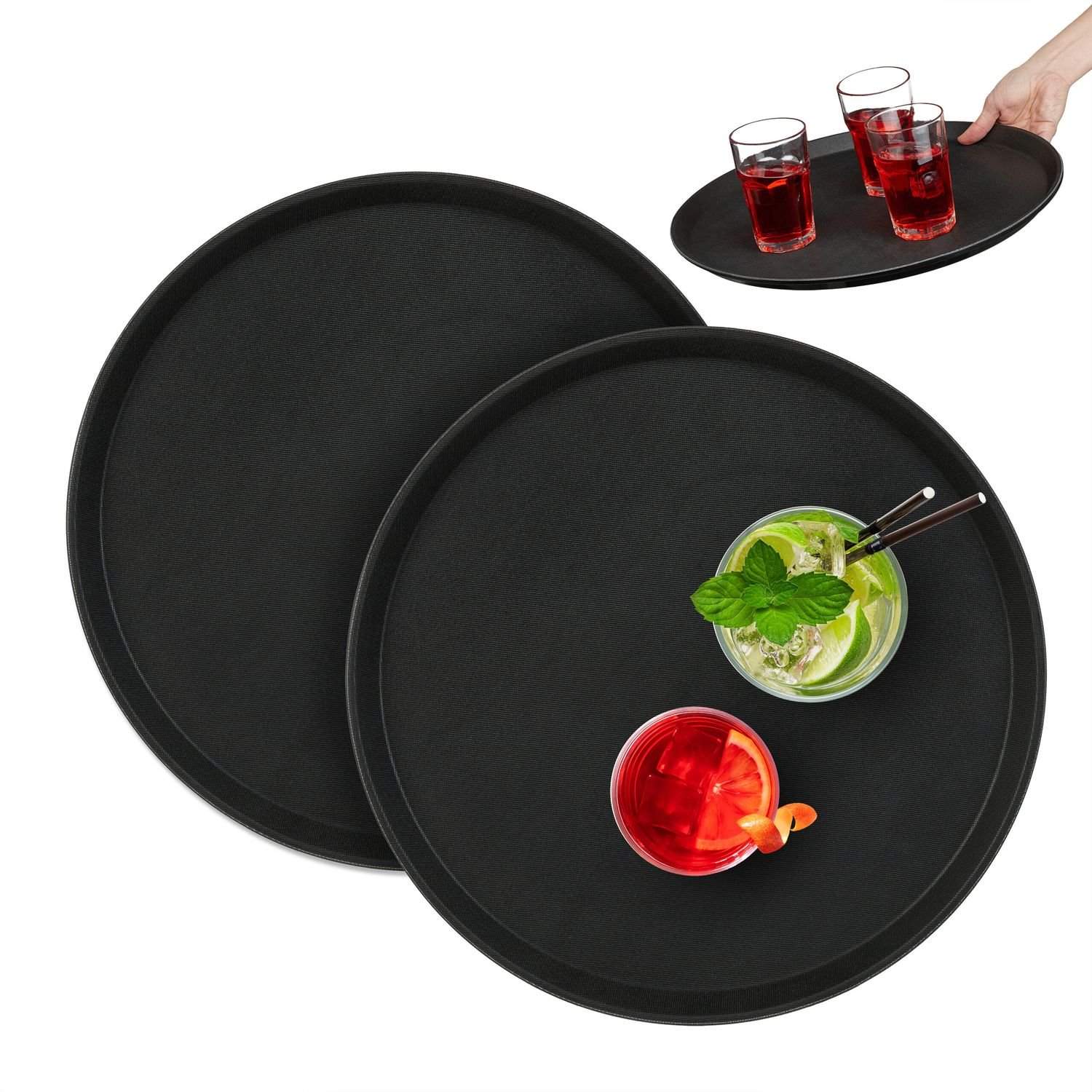 Store sorte runde serveringsbakker – Sæt med 2, Ø40 cm
