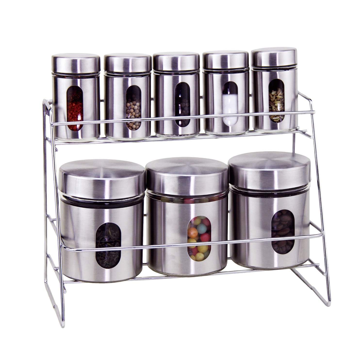 Krydderihyldesæt med 5 krukker og 3 opbevaringsbeholdere