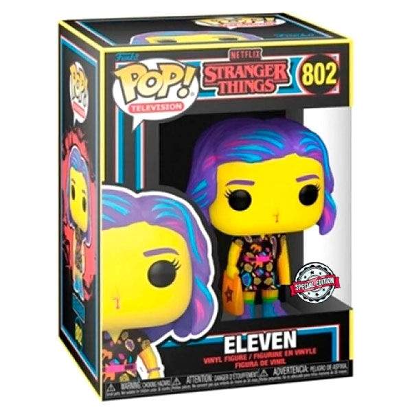 POP-hahmo Stranger Things Eleven ostoskeskuksen asussa Black Light Exclusive -yksinoikeudella