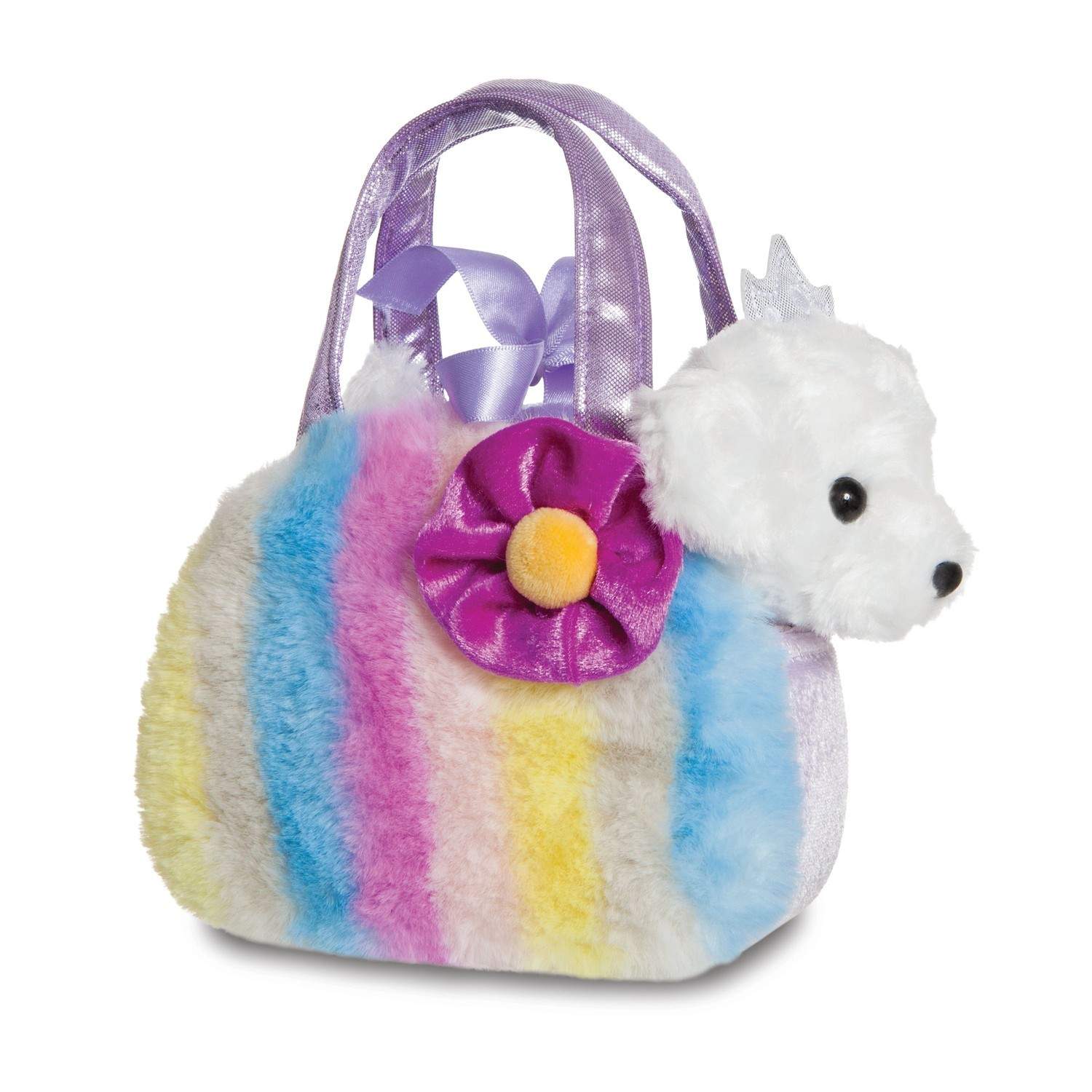 Plys hvalpelegetøj i lilla taske, 20 cm størrelse