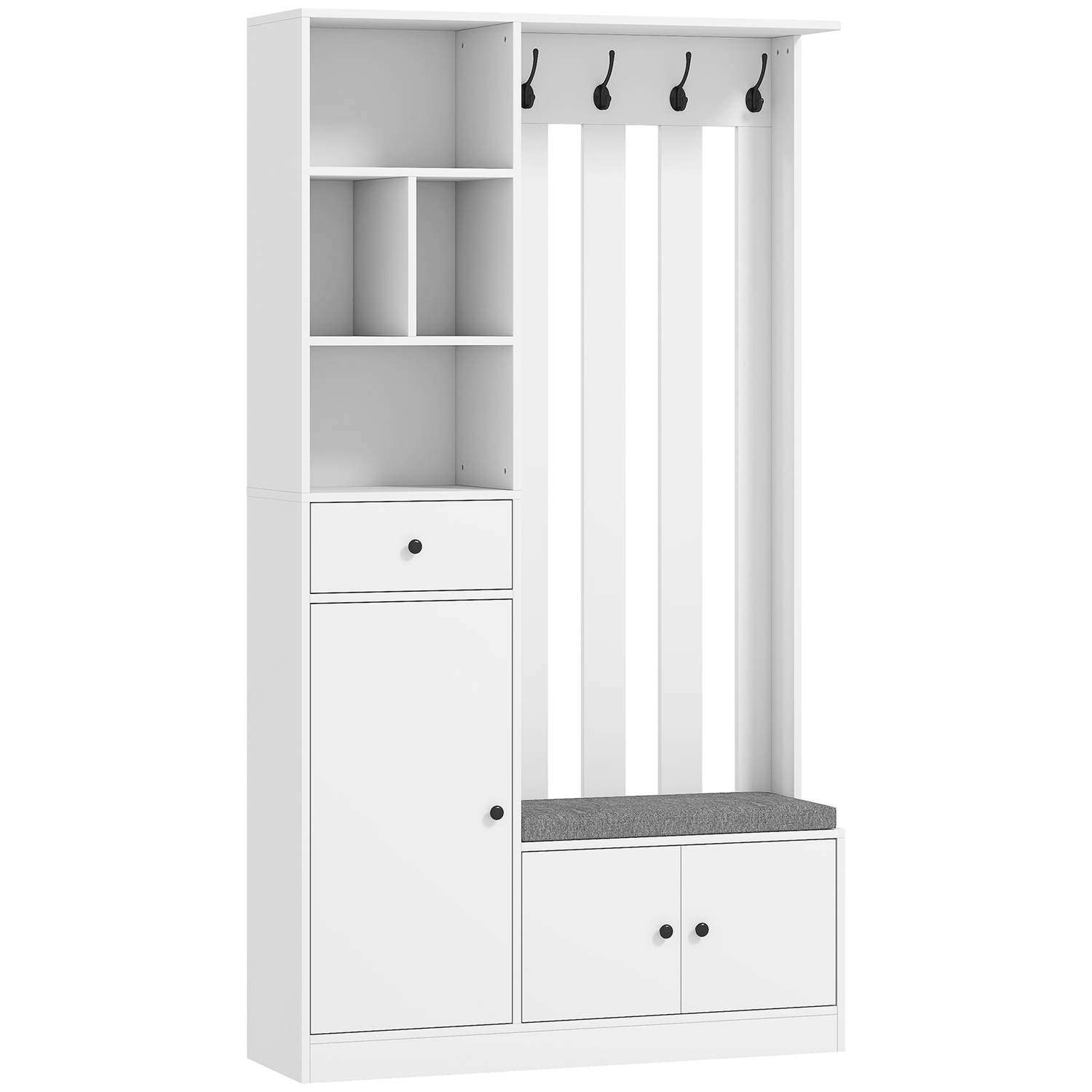 Garderobe med skobænk, kroge og hylder – 180 cm, hvid MDF