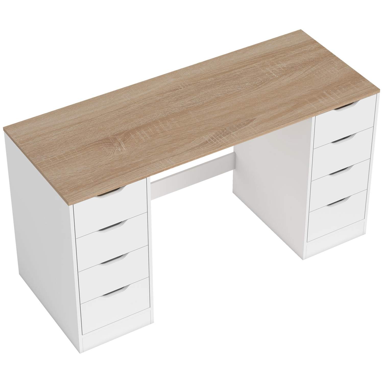 Hvidt computerbord – 140 cm, 8 skuffer, stål og træ