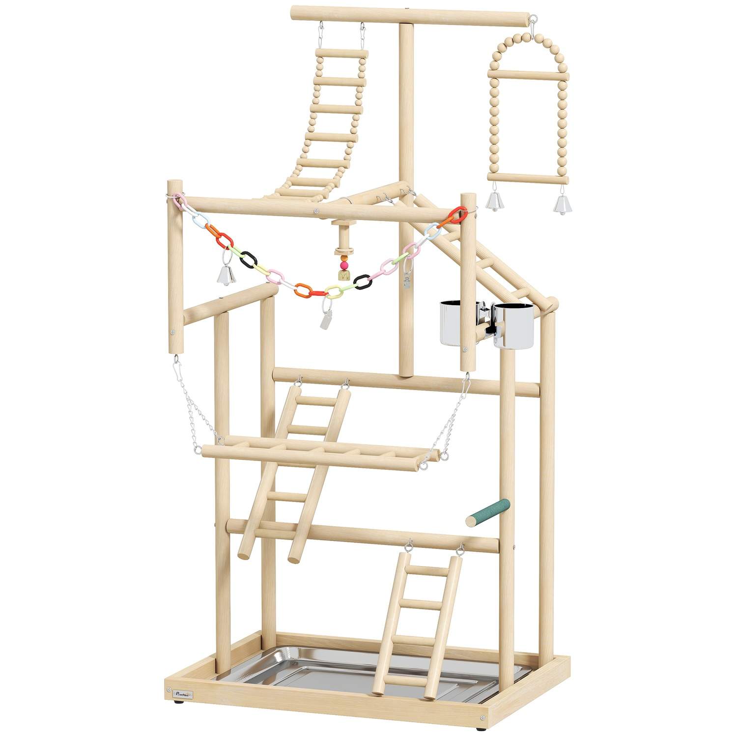 Fuglelegeplads med 4 niveauer – Naturtræ og bakke i rustfrit stål