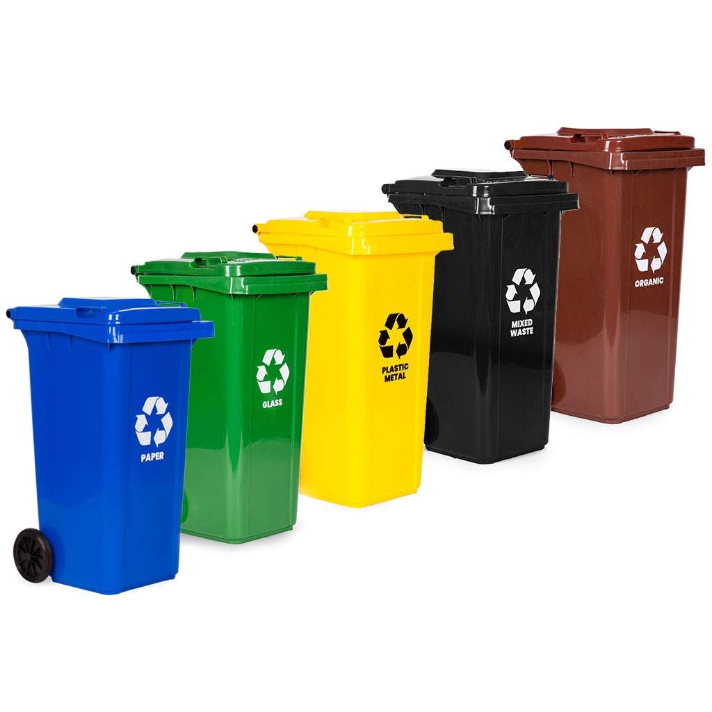 Affaldsbeholdersæt – 5x120L, farvekodet, nem transport