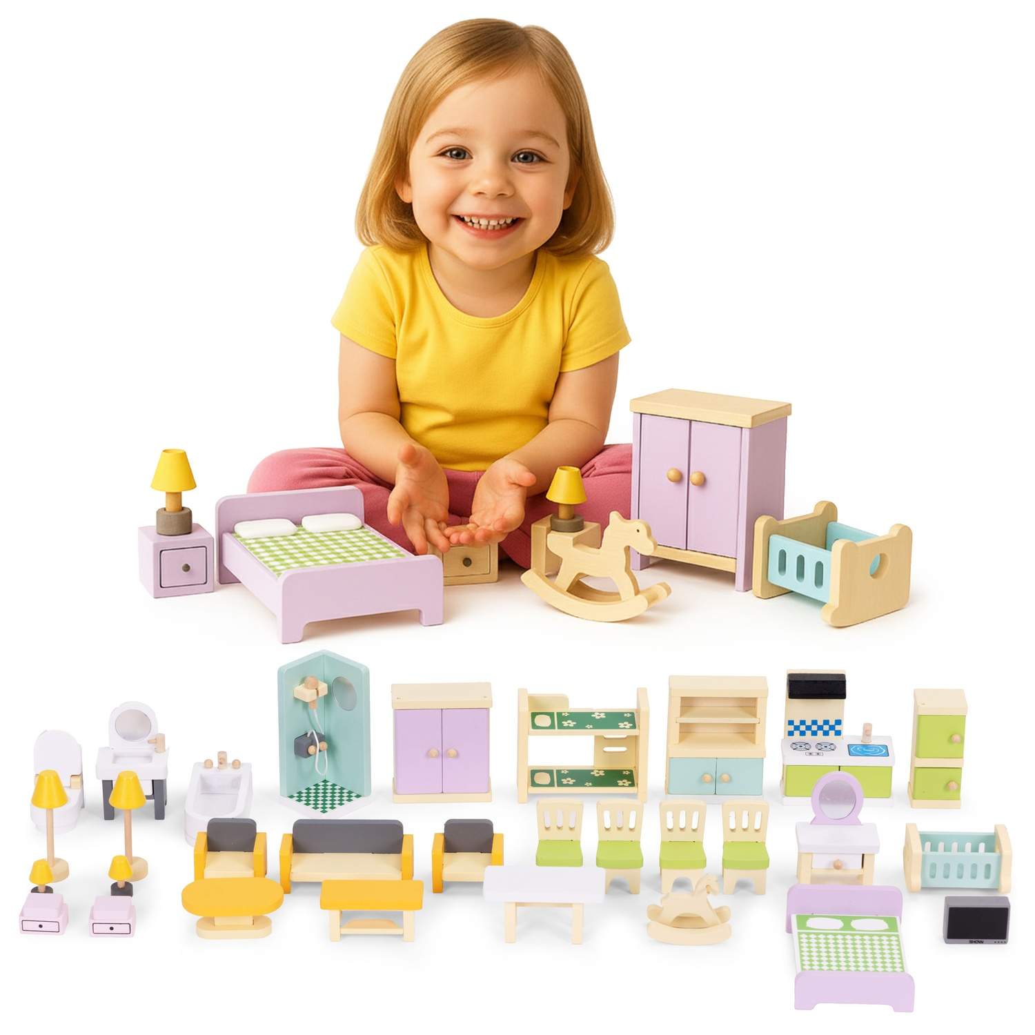 Trædukkehusmøbelsæt – Kreativ leg med 30 dele