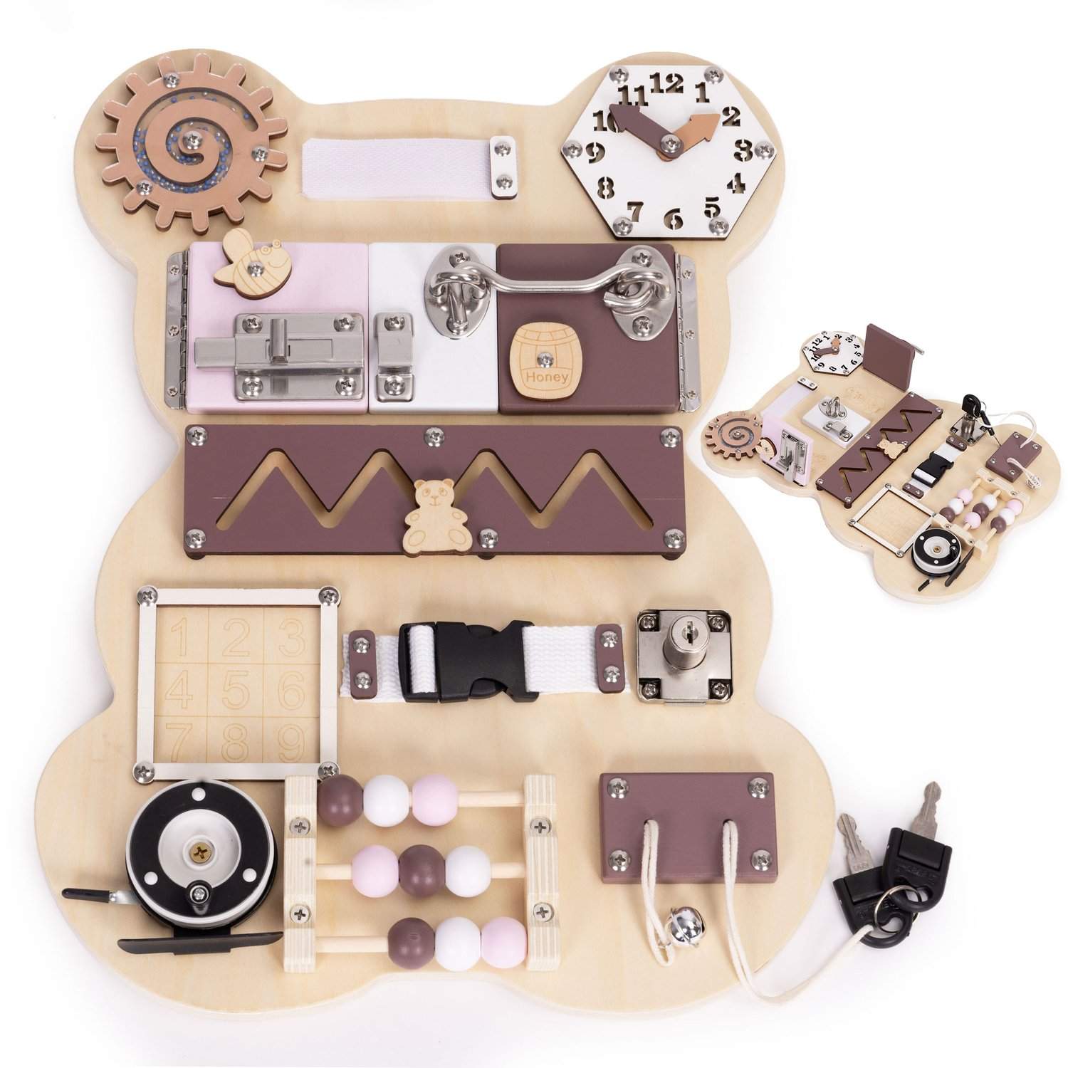 Sensorisk aktivitetstavle i træ til børn – 12 interaktive brikker