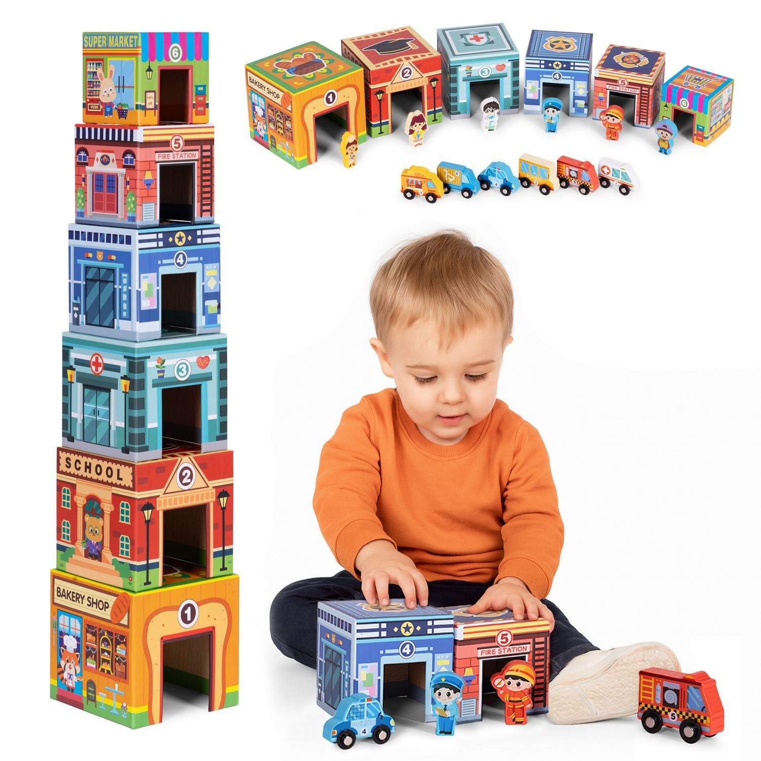 Stabletårn Bysæt – Læringslegetøj med 18 dele