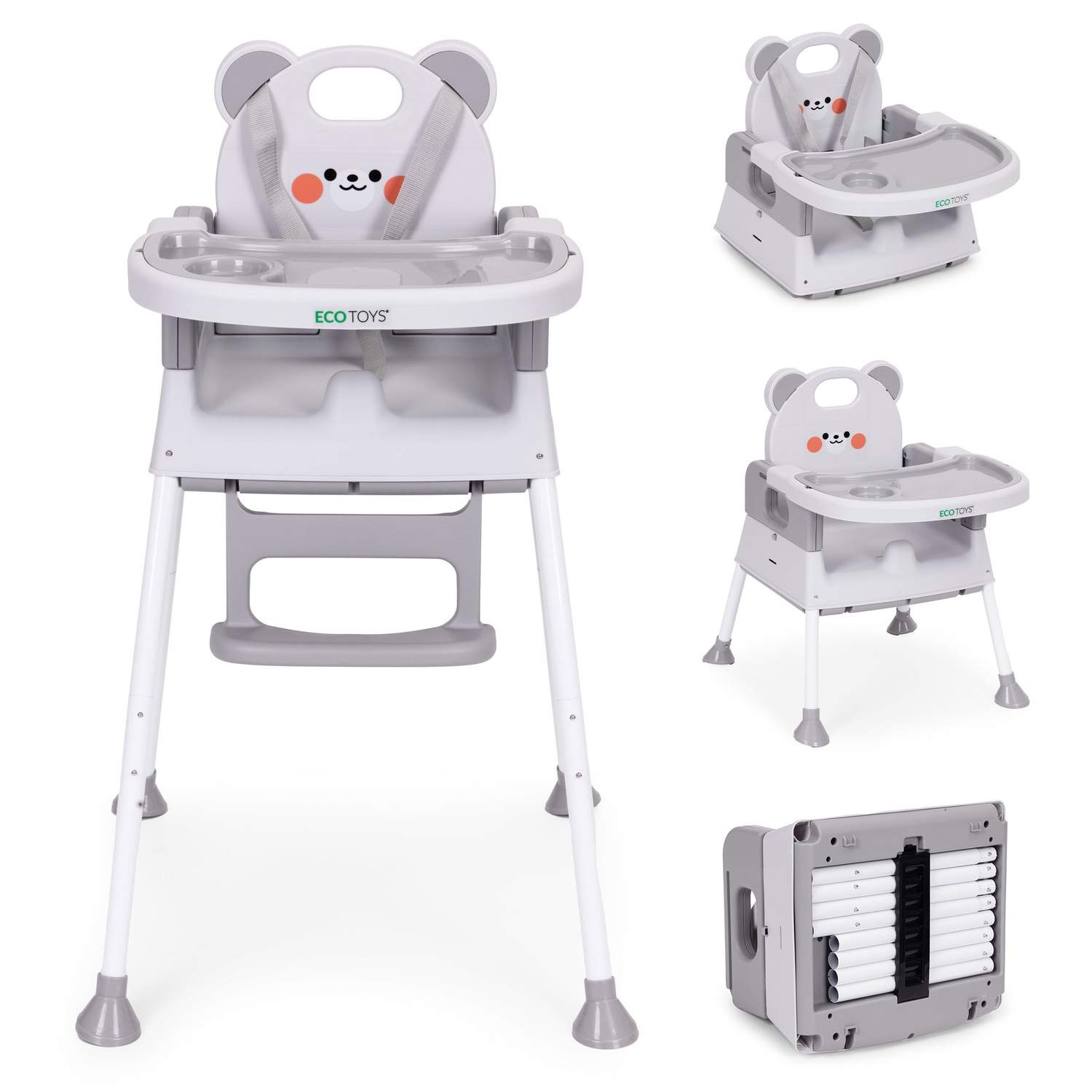 3-i-1 højstol med dobbelt bakke og sikkerhedssele