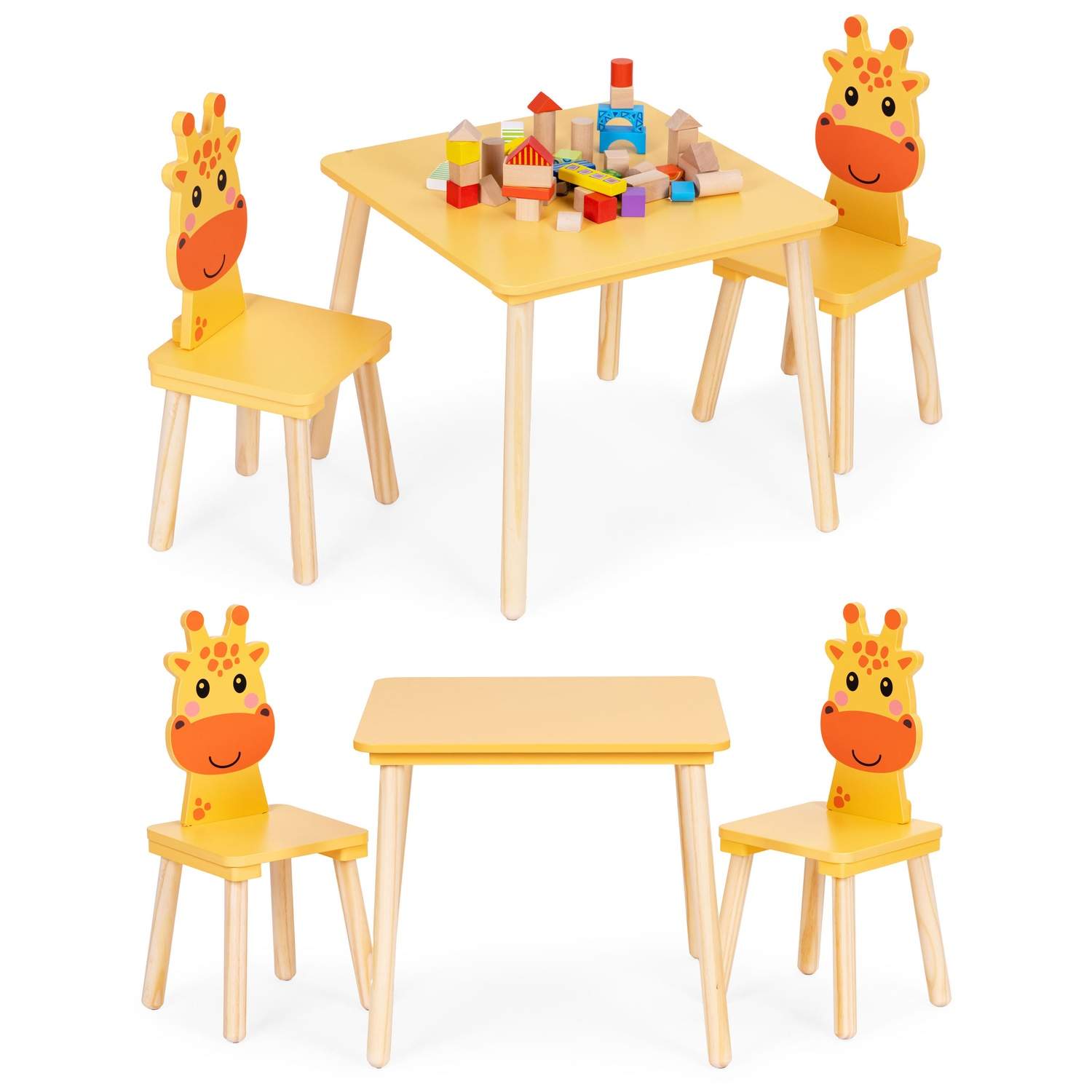 Børnebord og stolesæt – girafdesign, træ og MDF