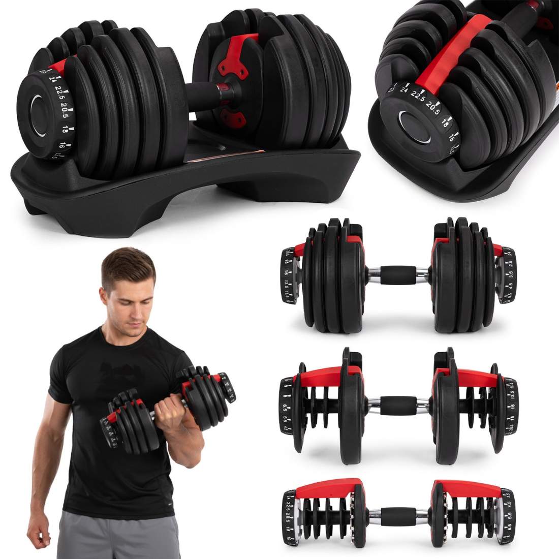 Justerbar gjutjärnshantel 2,5–24 kg med stativ | Hem & Hobby | Pryloteket