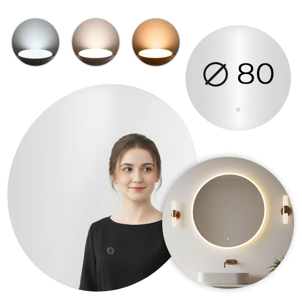 LED badeværelsesspejl, 80 cm rundt, 3 farver touch control