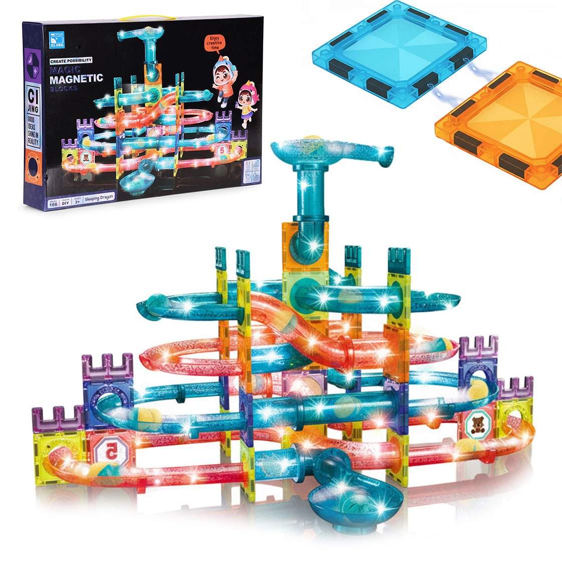 Magnetiske LED-kuglebaneklodser – 166 brikker, kreativ leg