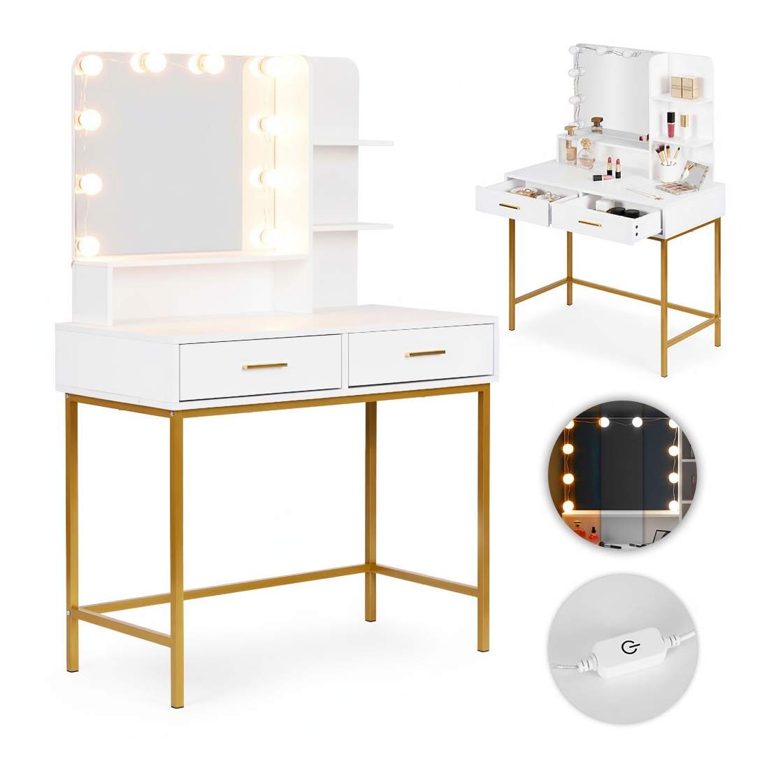 Stort sminkbord med spegel och LED-belysning, 3 färger, lådhyllor, ModernHome | Hem & Hobby | Pryloteket