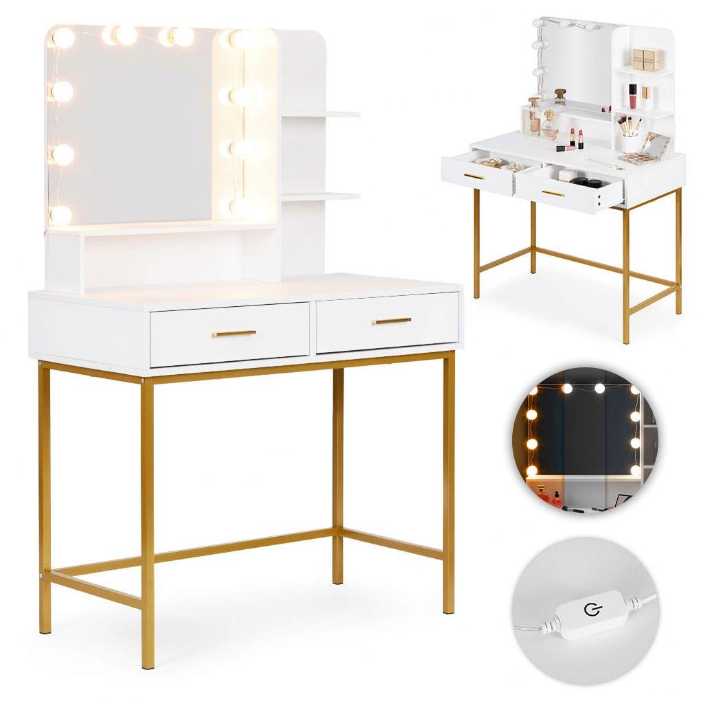 Stort toiletbord med spejl og LED-belysning, 3 farver, skuffehylder, ModernHome