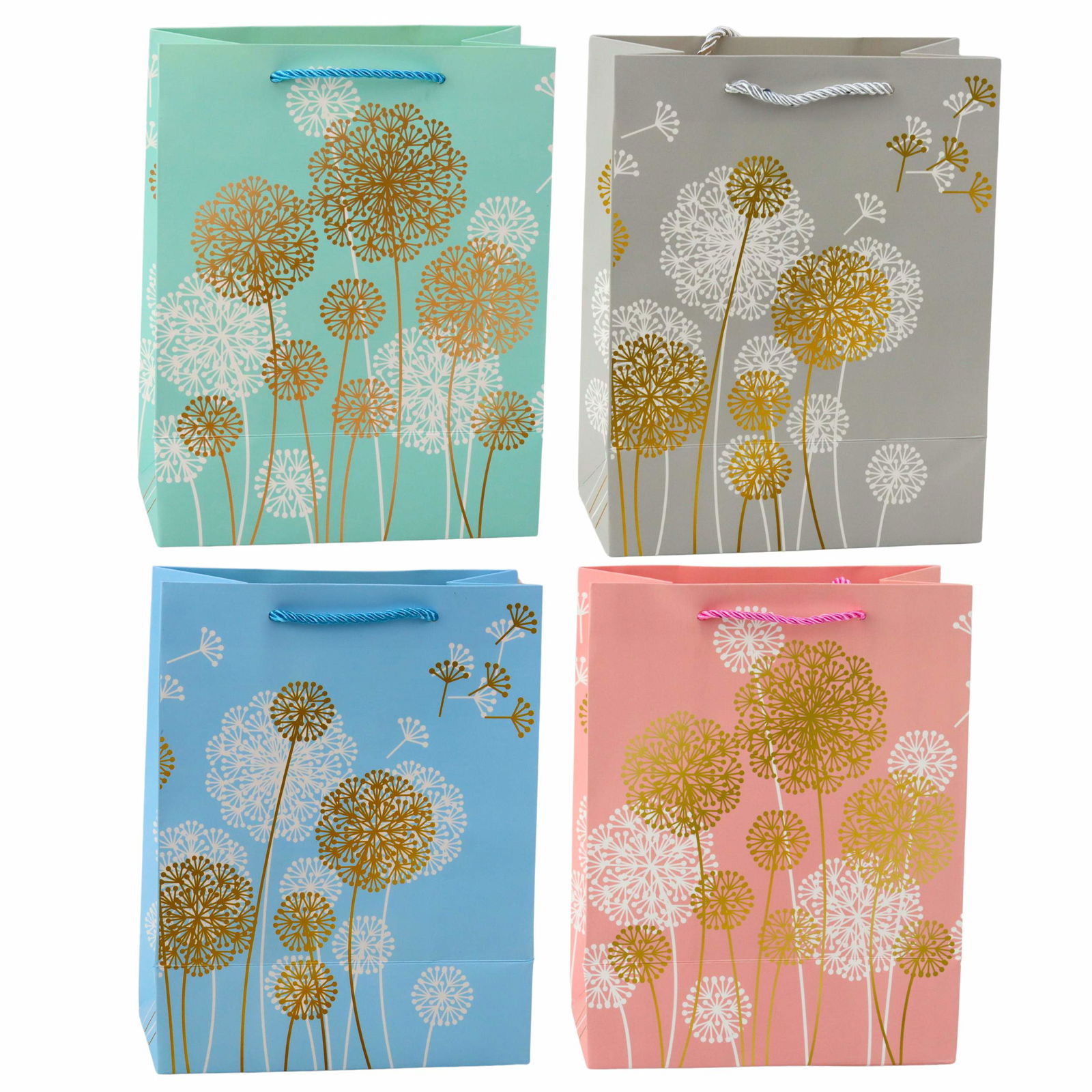 Gavepose med gyldne mælkebøtteelementer, 23 x 18 x 10,5 cm