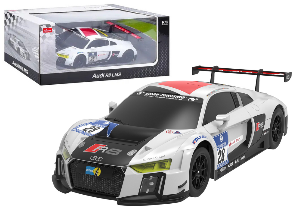 Fjernbetjening Audi R8 LMS bil, hvid-sort, skala 1:24