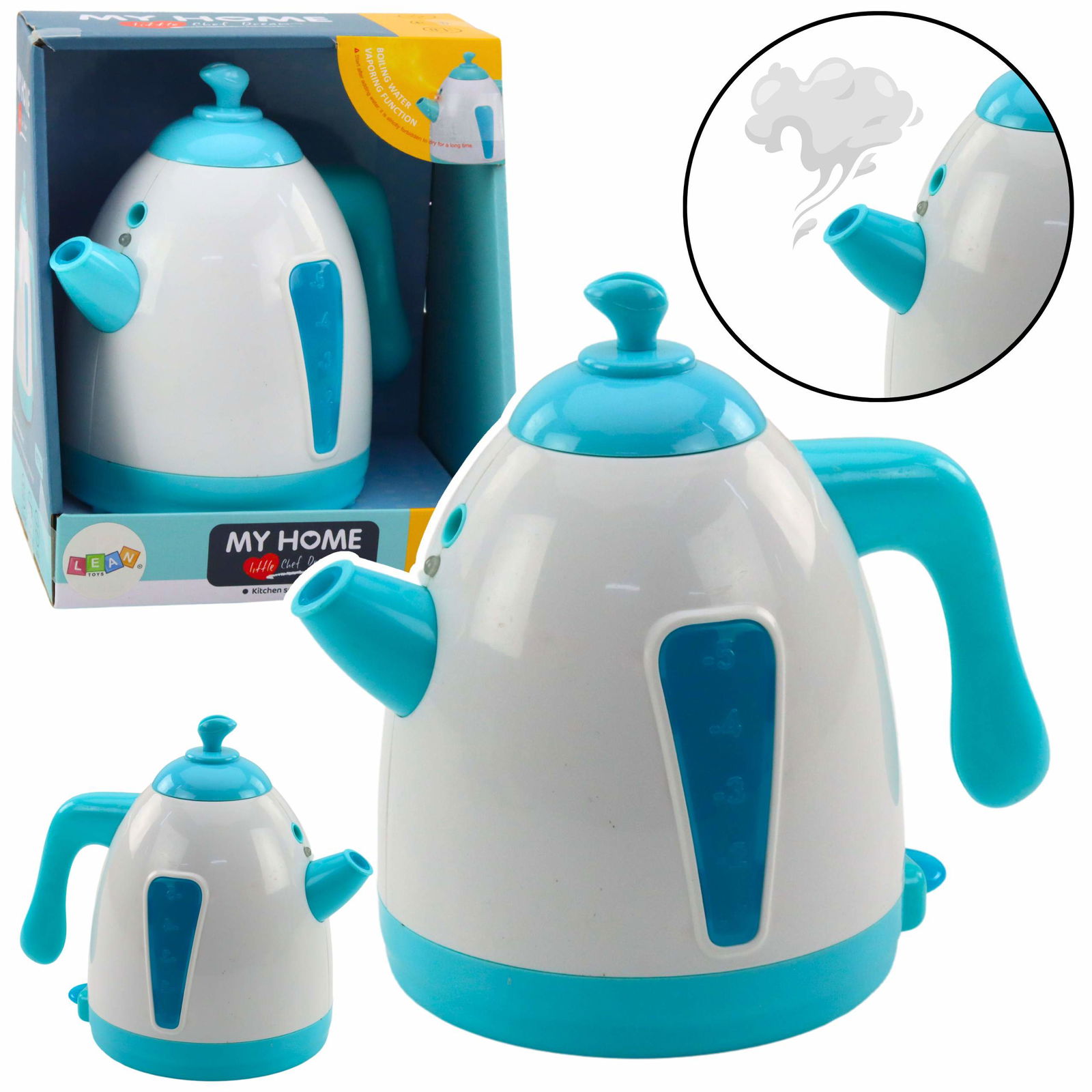 Leksaksvattenkokare med ånga, ljus & ljud - turkos | Hem & Hobby | Pryloteket