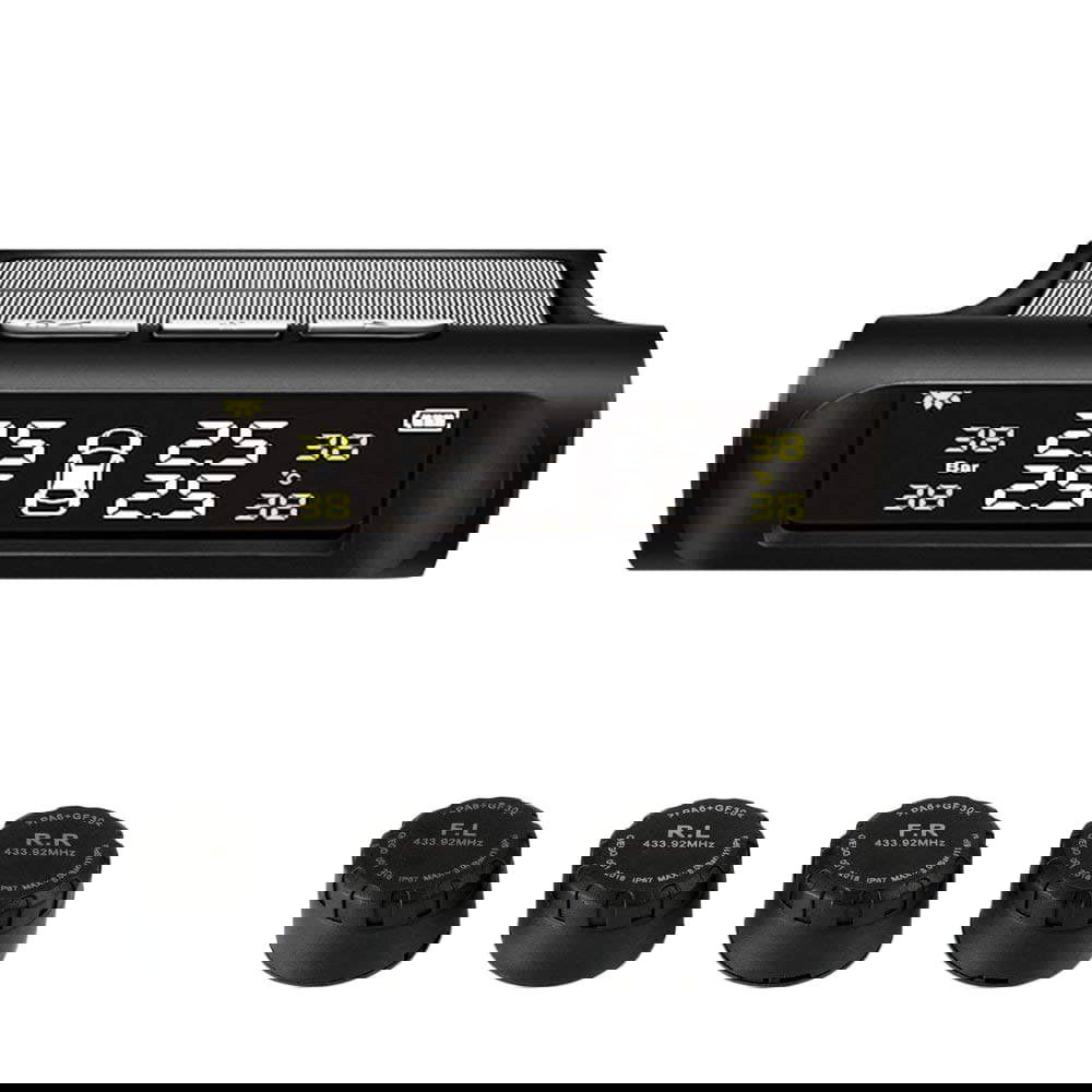 TPMS - Trådløst dæktryksovervågningssystem - Solcelle & USB