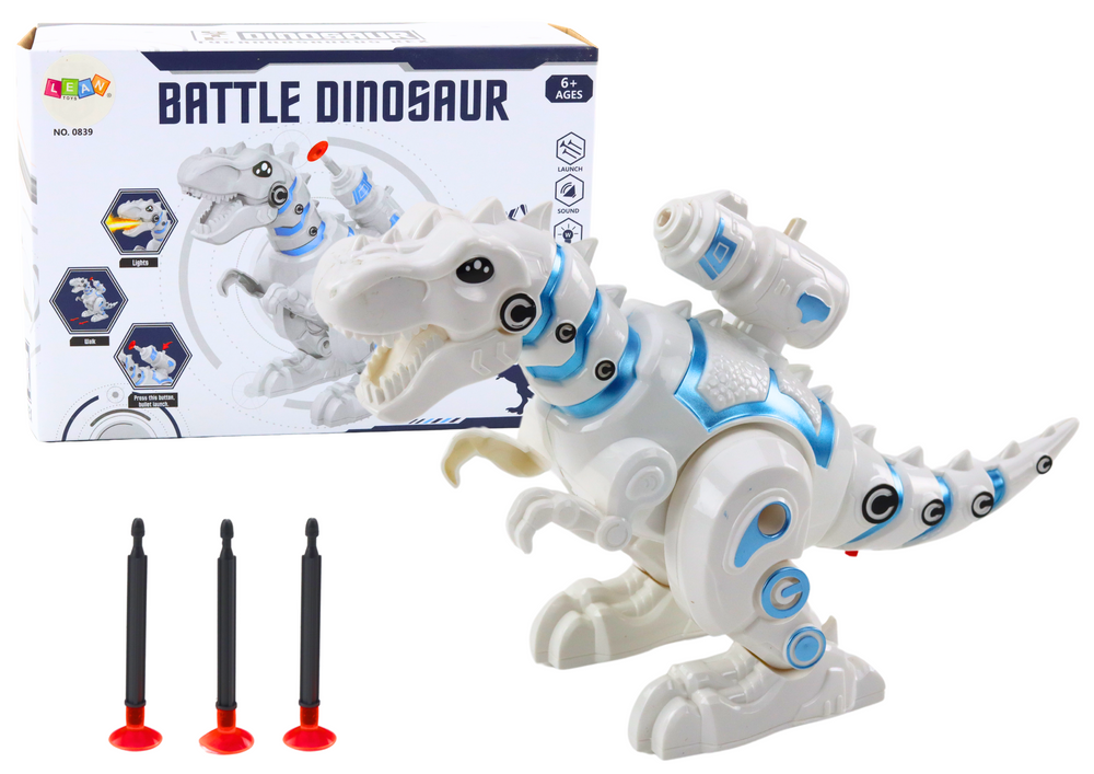 Hvid Robot Dinosaur med Dart Launcher, lys, lyde