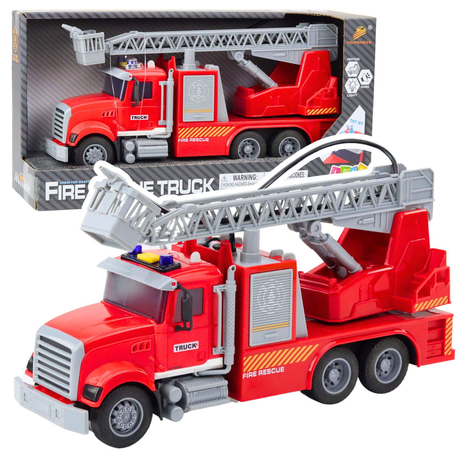 Brandbil med stige, vandpumpe, lys, lyde