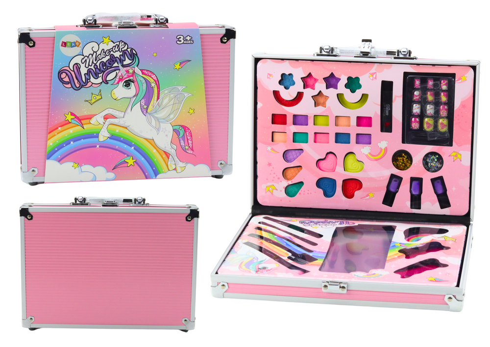 Skønhedssæt i etui med børster, pudsemidler, pink