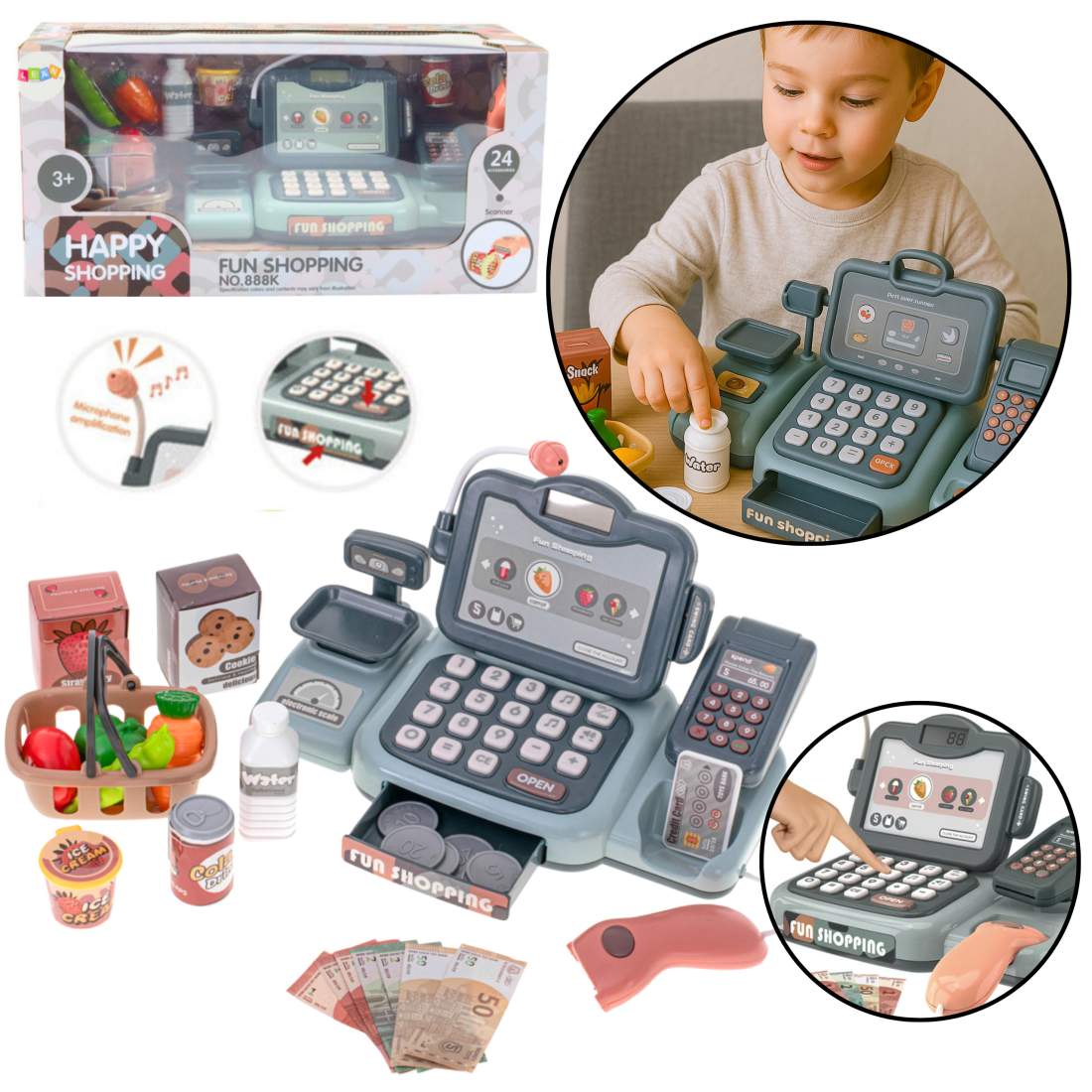 Kassaapparatset med matvaror, skanner, korg, 24 stycken | Hem & Hobby | Pryloteket