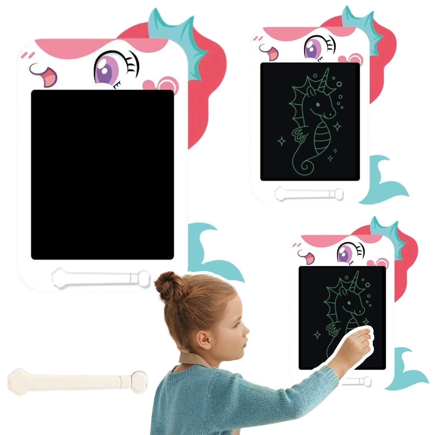 LCD-skrivetablet med Stylus, Unicorn Design, Hvid