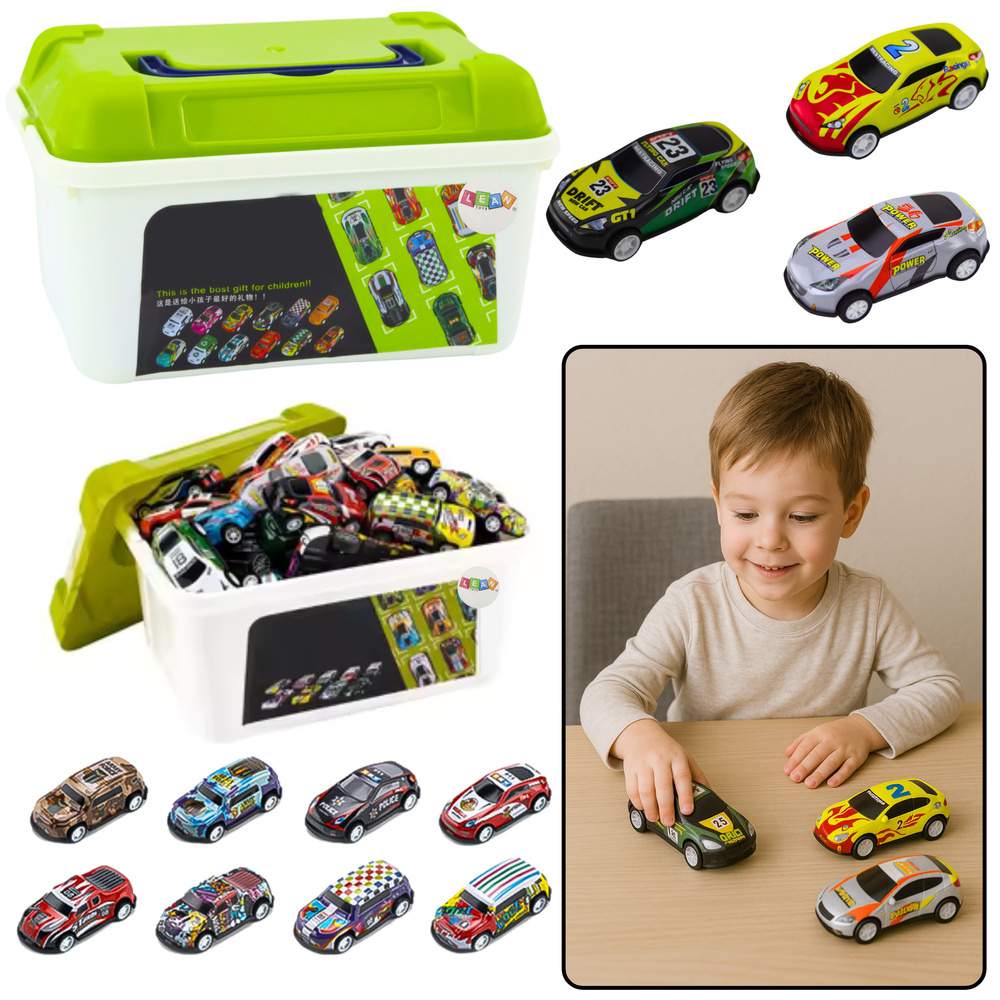 50-dele støbt legetøjsbilsæt med opbevaringsboks