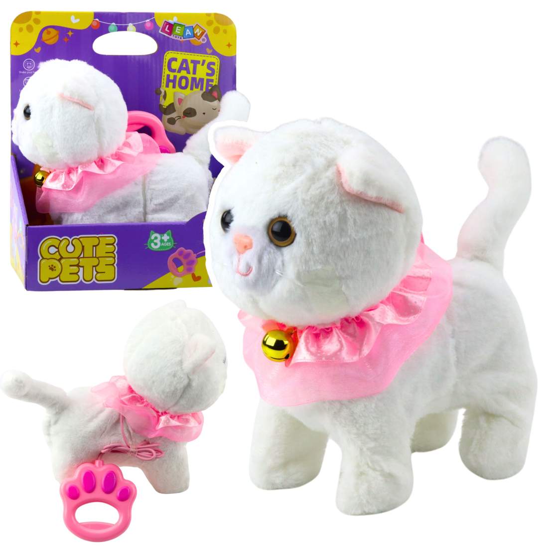 Interaktiv gåkattleksak med rosa volang och klocka | Hem & Hobby | Pryloteket