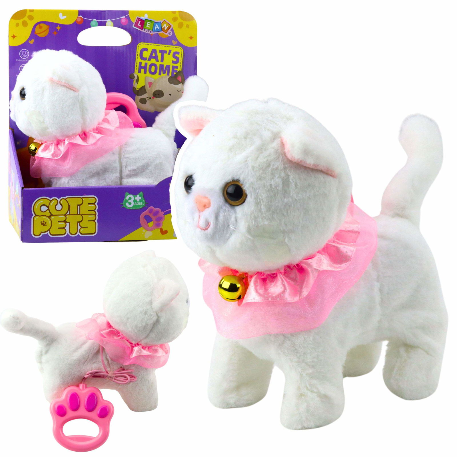 Interaktivt gå-kattelegetøj med lyserød flæse og klokke
