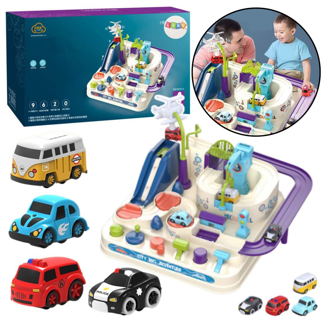 Interaktiv hinderbana parkeringsset med 4 bilar | Hem & Hobby | Pryloteket