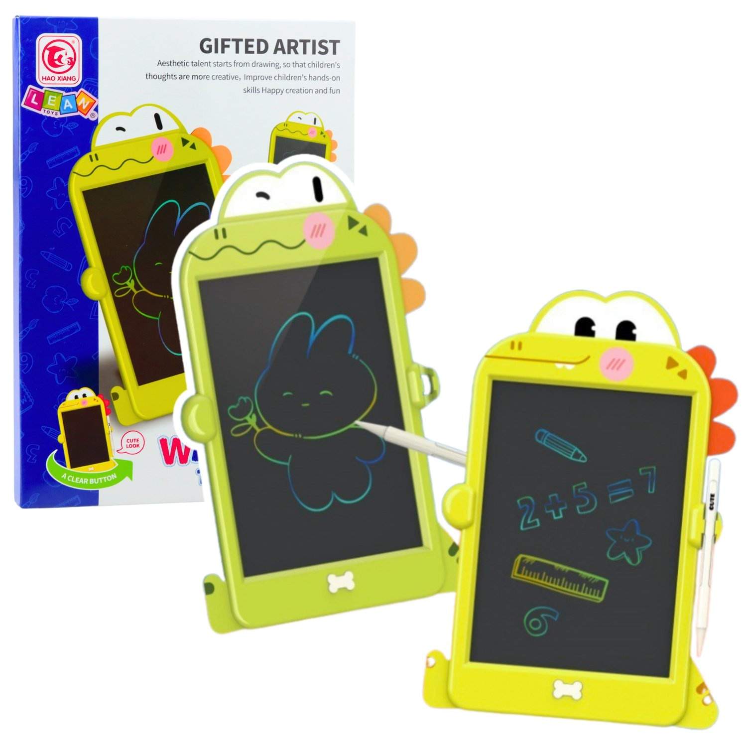 LCD-skrivetablet med stylus, dinosaurdesign, grøn
