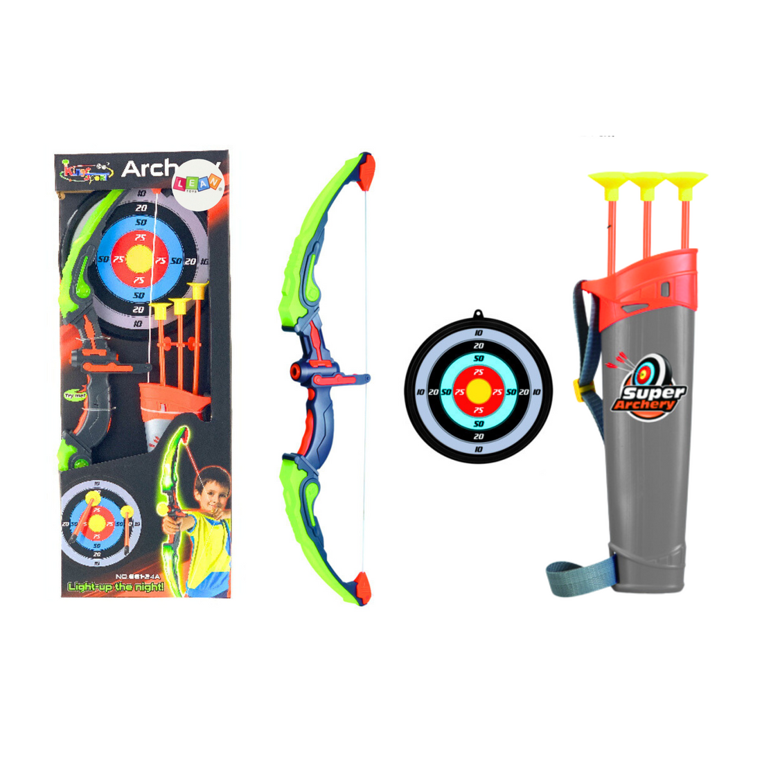 Bågskytte set med båge, mål, koger, 3 pilar, ljus | Hem & Hobby | Pryloteket