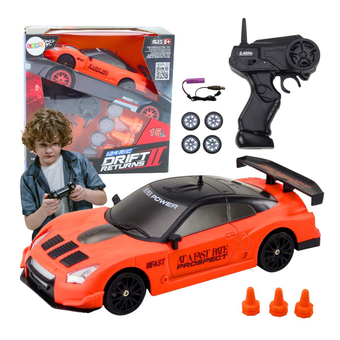 Fjärrkontroll sportbil 1:24, orange, utbytbara hjul | Hem & Hobby | Pryloteket