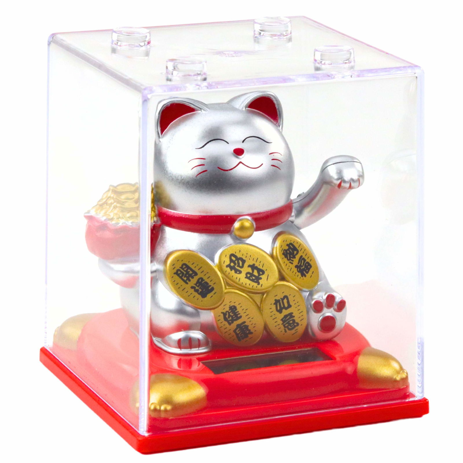 Kinesisk Lucky Cat Solar Figur – Sølv Display Case