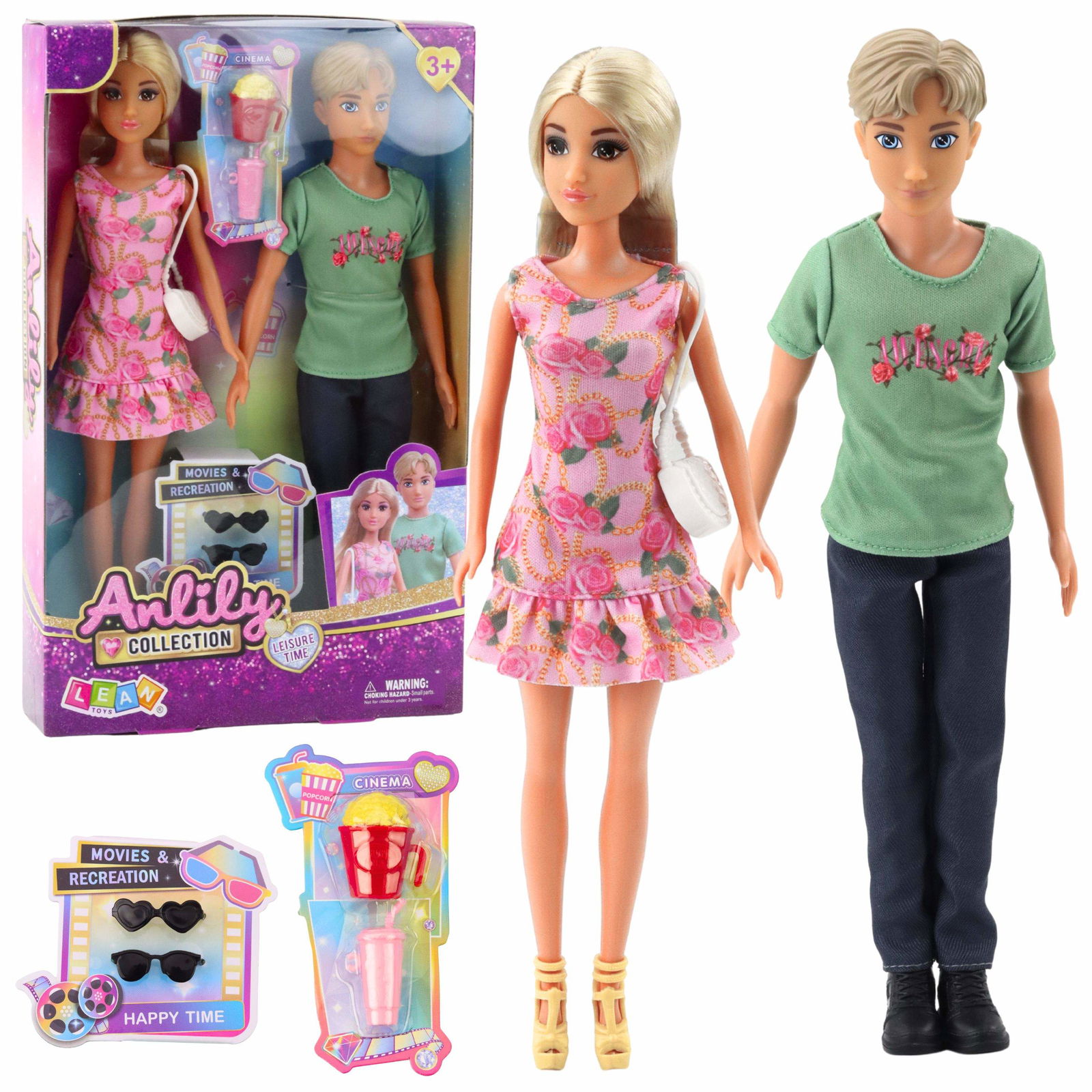 Dukkesæt med dreng, pige, tilbehør, briller, taske