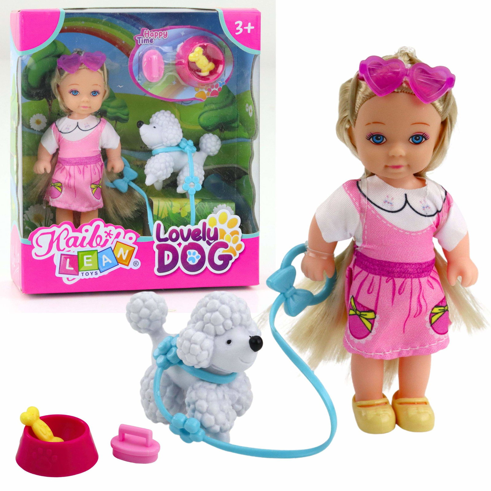 Mini dukkesæt med hund, snor, skål og knogle