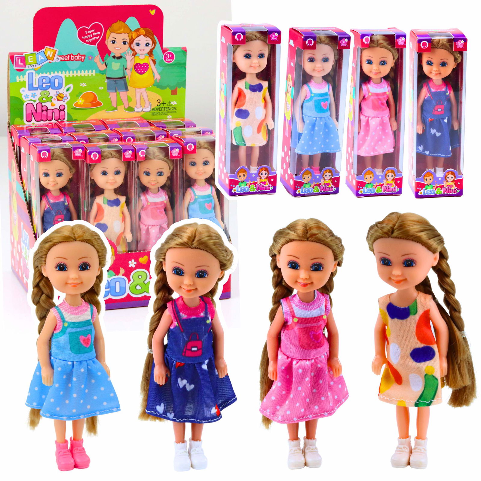 Dukke med langt hår i kjole, 15 cm assorteret