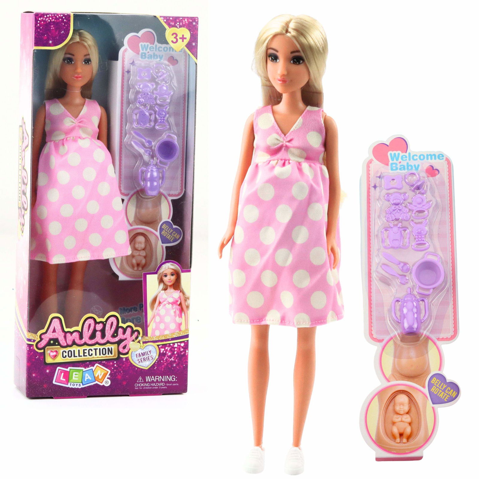 Gravid dukke med prikket kjole og babytilbehør