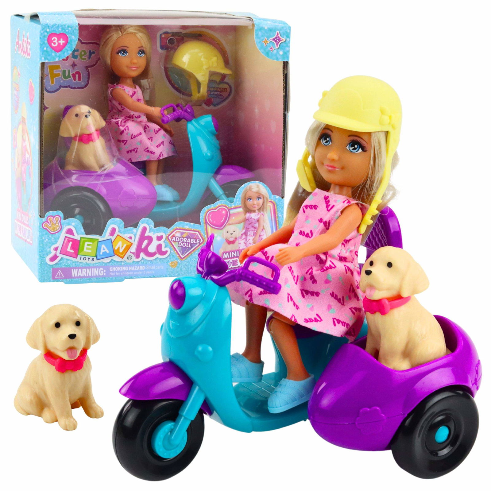 Mini dukkesæt med trehjulet scooter og hvalp