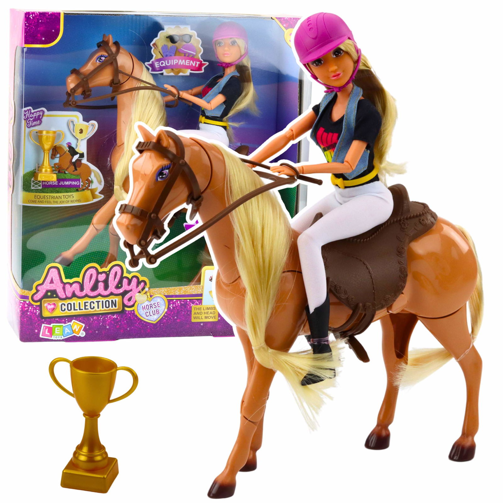 Anlily dukkesæt med hest, trofæ, hjelm, brun