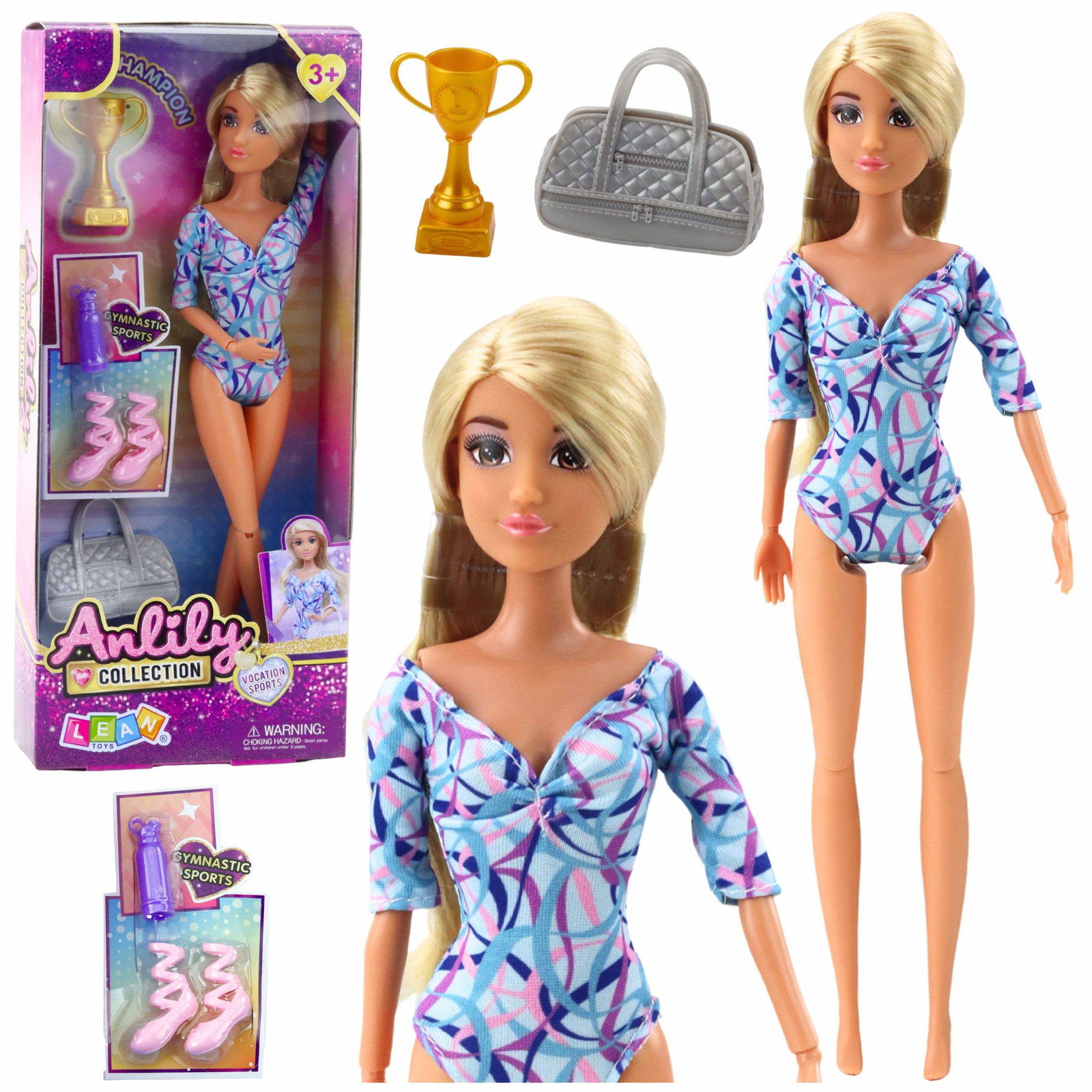 Balletdukke med bevægelige lemmer, tilbehør og taske