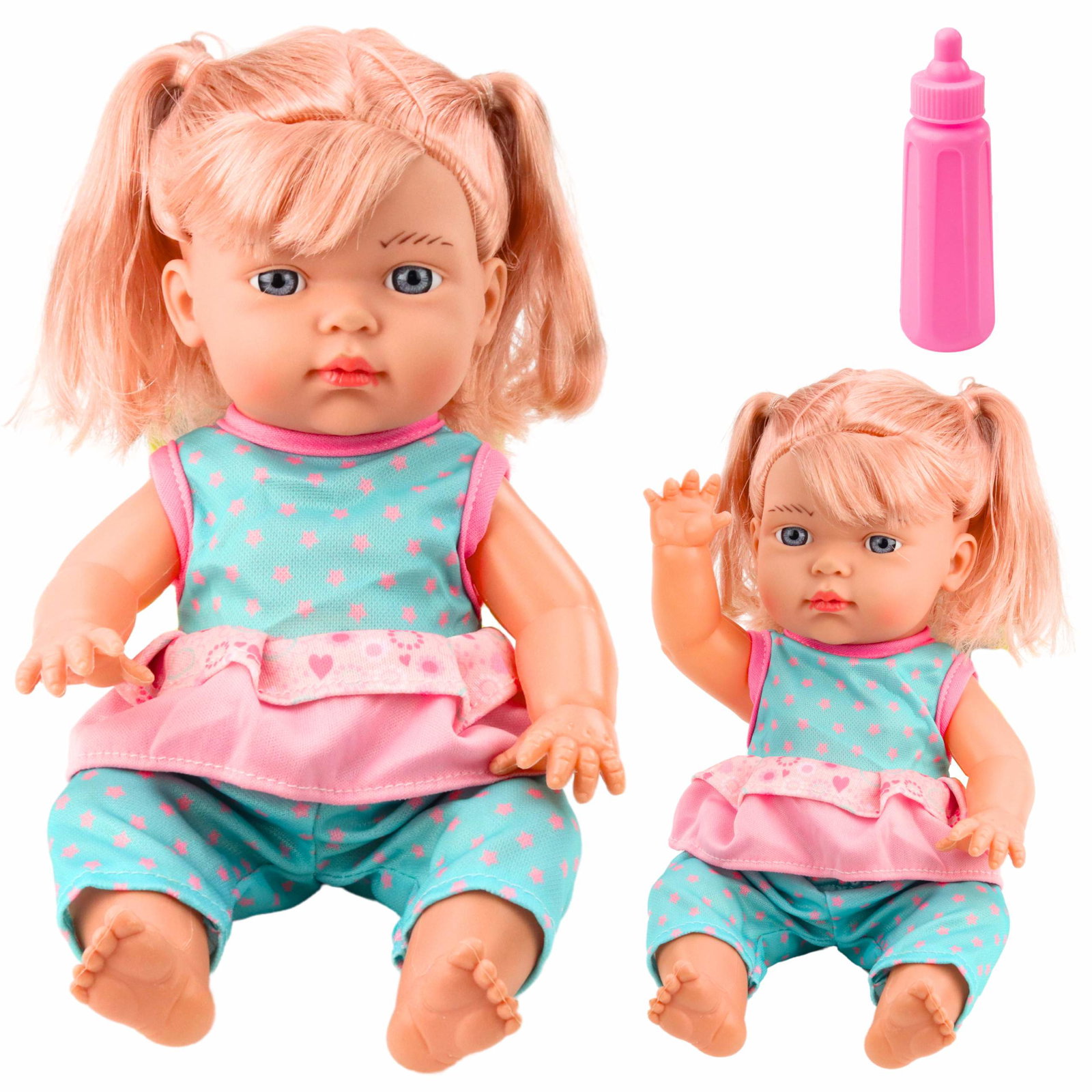 Babydukke med turkis outfit, hestehaler, flaske, lyd