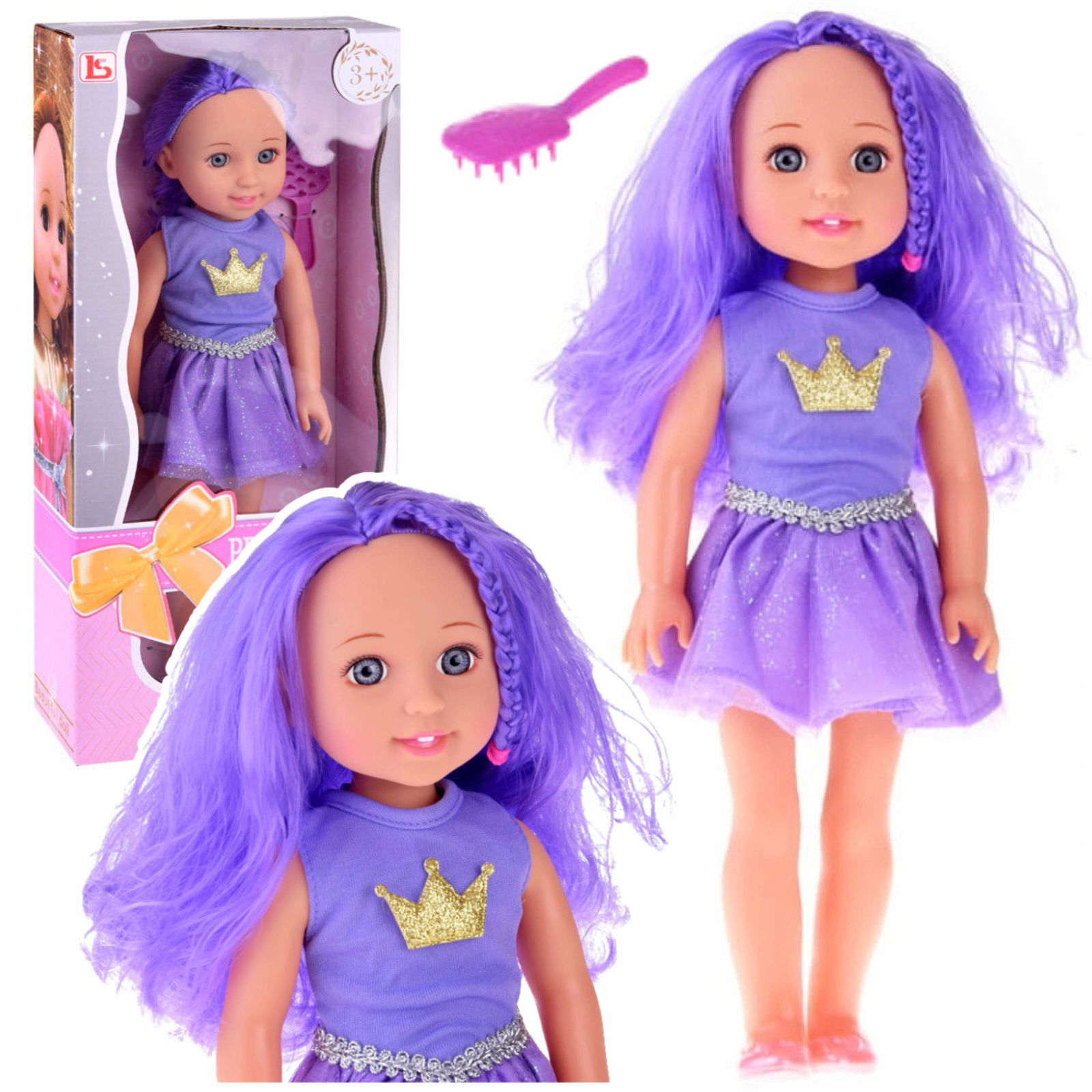 Dukke med krone, langt hår, lilla børste, 38 cm
