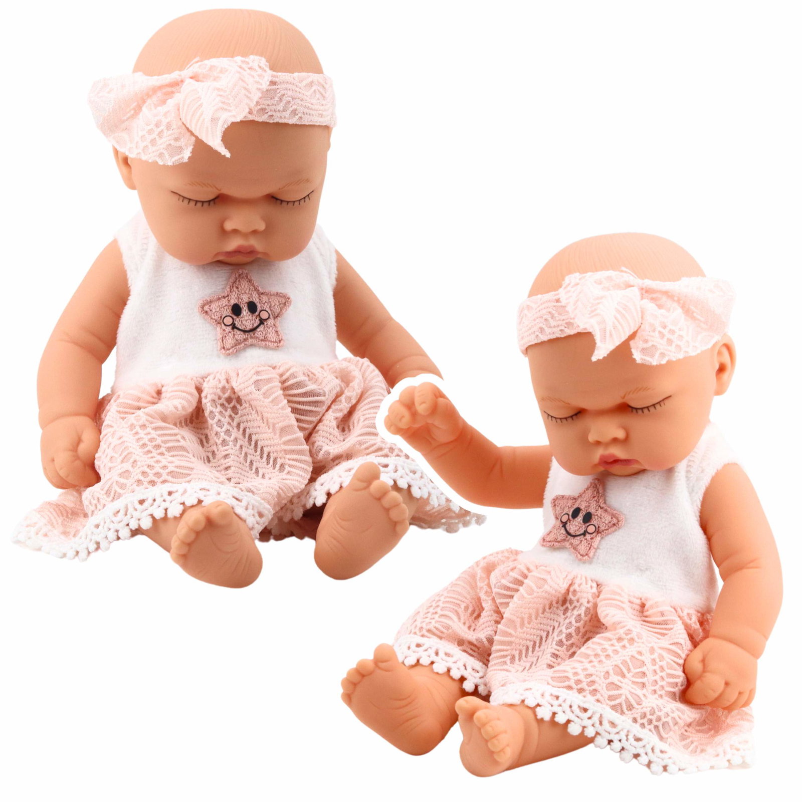 Sovende babydukke, lyserød kjole med blonder og stjernepandebånd